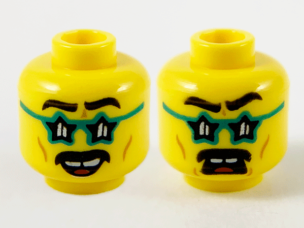 Minifigure, Head Dual Sided Black Eyebrows and Moustache, Dark Turquoise Star Glasses, Gap in Teeth, Smile / Scared Pattern