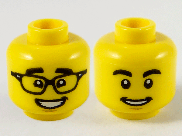 Minifigure, Head Dual Sided Black Eyebrows, Glasses with Raised Eyebrows / Smile Pattern