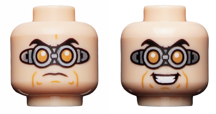 Minifigure, Head Dual Sided Black Eyebrows, Silver Goggles with Orange Circular Lenses, Evil Grin / Worried Expression Pattern