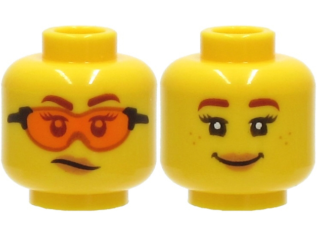 Minifigure, Head Dual Sided Female, Reddish Brown Eyebrows, Orange Safety Glasses, Medium Nougat Lips, Scowl / Smile with Freckles Pattern