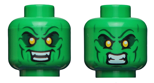 Minifigure, Head Dual Sided Alien Dark Green Eyebrows and Cheek Lines, Small Yellow Eyes, Smile / Angry Pattern