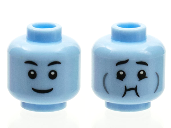 Minifigure, Head Dual Sided Black Eyebrows, Grin / Queasy with Dark Bluish Gray Cheek Lines Pattern (BAM)