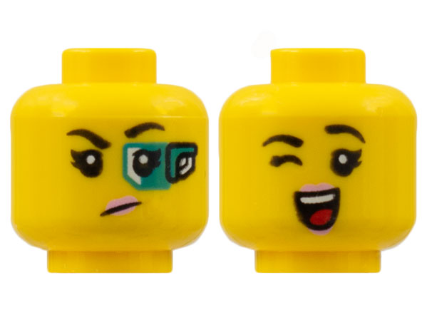 Minifigure, Head Dual Sided Female, Black Eyebrows, Pink Lips, Wink, Open Smile / Green Eyepiece, Determined Look Pattern
