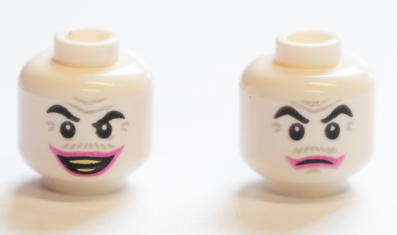 Minifigure, Head Dual Sided Black Eyebrows, Light Bluish Gray Wrinkles and Moustache, Dark Pink Lips, Open Mouth Smile with Teeth / Closed Mouth Pattern (The Joker)
