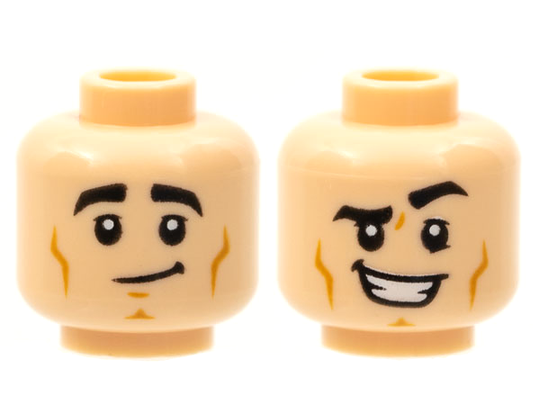 Minifigure, Head Dual Sided Black Thick Eyebrows, Dark Orange Cheek Lines and Chin Dimple, Lopsided Grin / Open Mouth Smile with Teeth, Left Eyebrow Raised Pattern