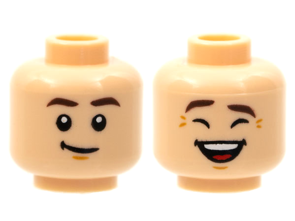 Minifigure, Head Dual Sided Dark Brown Eyebrows, Neutral / Laughing with Eyes Closed Pattern