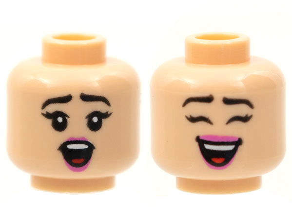 Minifigure, Head Dual Sided Female, Black Eyebrows, Dark Pink Lips, Surprised / Open Smile with Closed Eyes Pattern