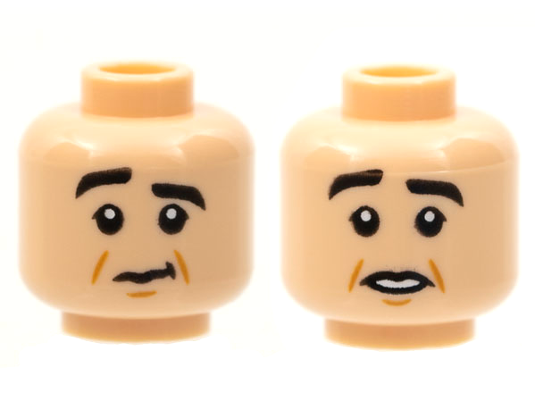 Minifigure, Head Dual Sided Black Eyebrows, Right Raised, Dark Orange Cheek Lines, Closed Mouth / Open Mouth Pattern