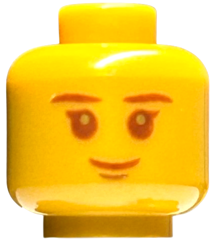 Minifigure, Head Child Reddish Brown Eyebrows and Mouth, Pearl Gold Pupils, Grin Pattern