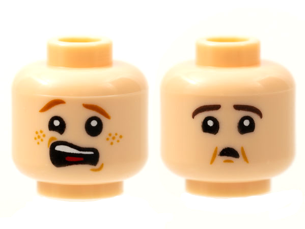 Minifigure, Head Dual Sided Scared Open Mouth with Dark Red Eyebrows and Freckles / Dark Brown Eyebrows and Small Mouth Pattern