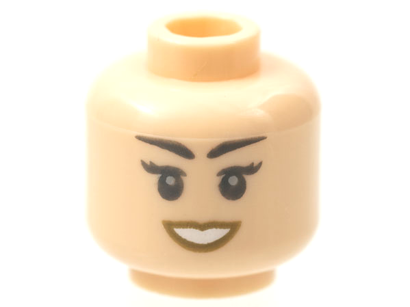 Minifigure, Head Female Black Hazy Eyebrows, Eyelashes, and Eyes, Light Bluish Gray Pupils, Dark Tan Lips, Open Mouth Smile with Teeth Pattern