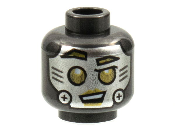 Minifigure, Head Alien Robot with Silver Face, Screws on Cheeks, and Gold Eyes, Eyebrows, and Lips Pattern
