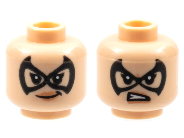 Minifigure, Head Dual Sided Female, Large Black Domino Mask, Peach Lips, Lopsided Grin / Gritted Teeth Pattern