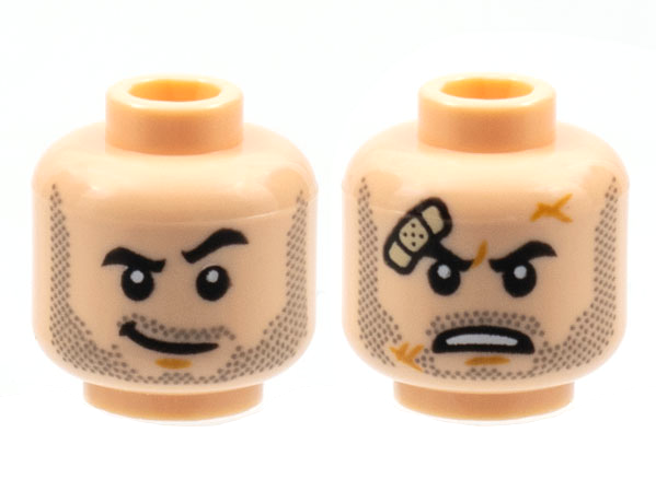 Minifigure, Head Dual Sided Black Eyebrows, Dark Bluish Gray Stubble, Grin with Raised Eyebrow / Scowl with Bandage Pattern