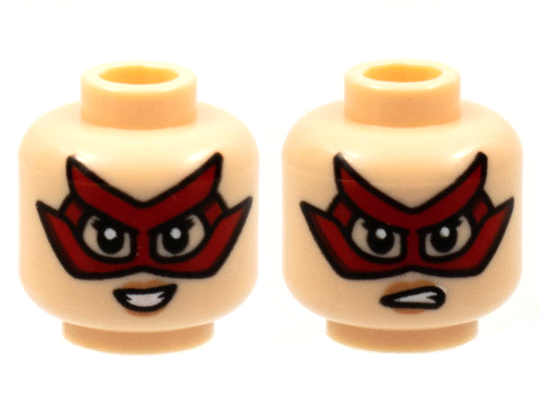 Minifigure, Head Dual Sided Female, Red Domino Mask with 4 Points, Peach Lips, Smile / Sneer Pattern