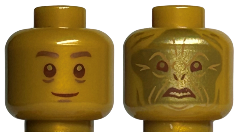 Minifigure, Head Dual Sided Reddish Brown Eyes and Mouth, Copper Pupils and Eyebrows (Quirrell) / Gold Face (Voldemort) Pattern