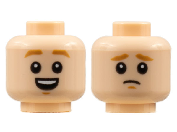 Minifigure, Head Dual Sided Medium Nougat Eyebrows and Chin Dimples, Open Smile / Worried Pattern