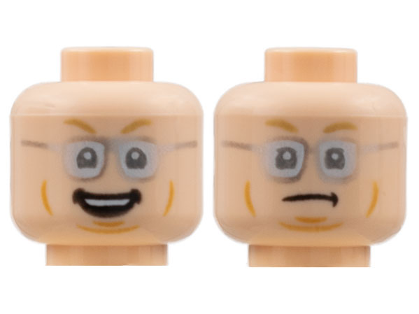 Minifigure, Head Dual Sided Medium Nougat Eyebrows and Cheek Lines, Silver Glasses, Smile / Scowl Pattern
