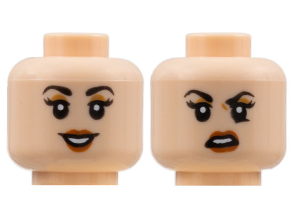 Minifigure, Head Dual Sided Female, Black Eyebrows, Medium Nougat Eye Shadow, Dark Orange Lips, Smile / Scowl Pattern