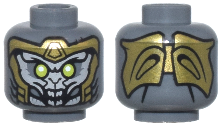Minifigure, Head Alien with Lime Eyes, Light Bluish Gray Face, Gold Armor, and Open Mouth with Teeth Pattern