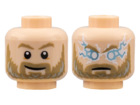 Minifigure, Head Dual Sided Dark Tan Eyebrows and Full Beard, Light Bluish Gray Highlights, Grin / Angry with Lightning Eyes Pattern