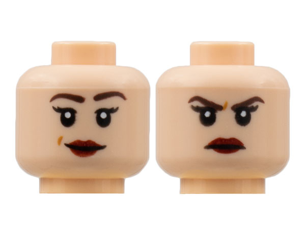Minifigure, Head Dual Sided Female, Medium Nougat Eyebrows, Peach Lips, Smile / Scowl Pattern