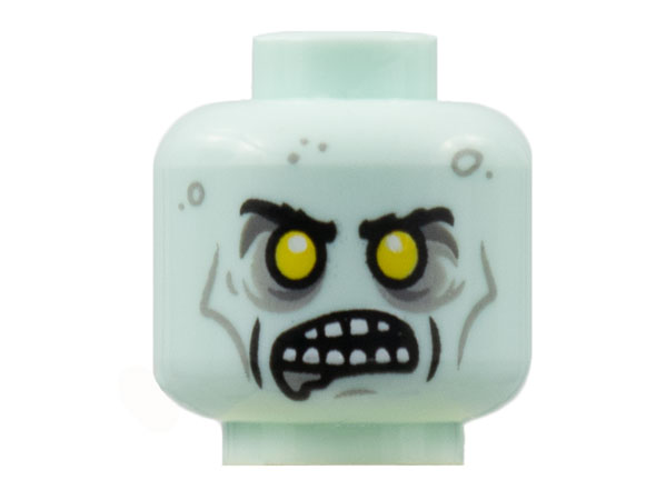 Minifigure, Head Alien Zombie, Black Eyebrows, Yellow Eyes, Open Mouth Showing Teeth, Dark Bluish Gray Splotches Pattern