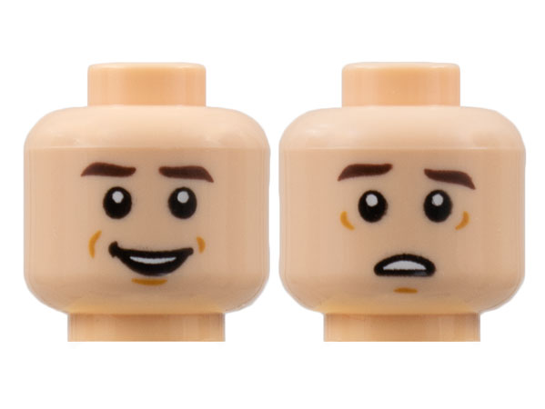 Minifigure, Head Dual Sided Dark Brown Eyebrows, Small Smile / Scared Pattern