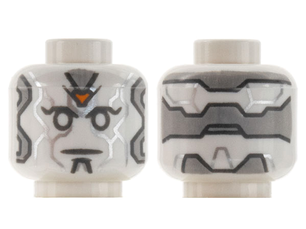 Minifigure, Head Alien Robot with Light Bluish Gray Panels, Silver Lines, and Orange Jewel on Forehead Pattern