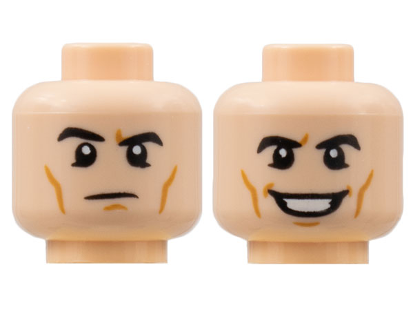 Minifigure, Head Dual Sided Black Eyebrows, Medium Nougat Cheek Lines, Raised Right Eyebrow / Grin with Teeth Pattern