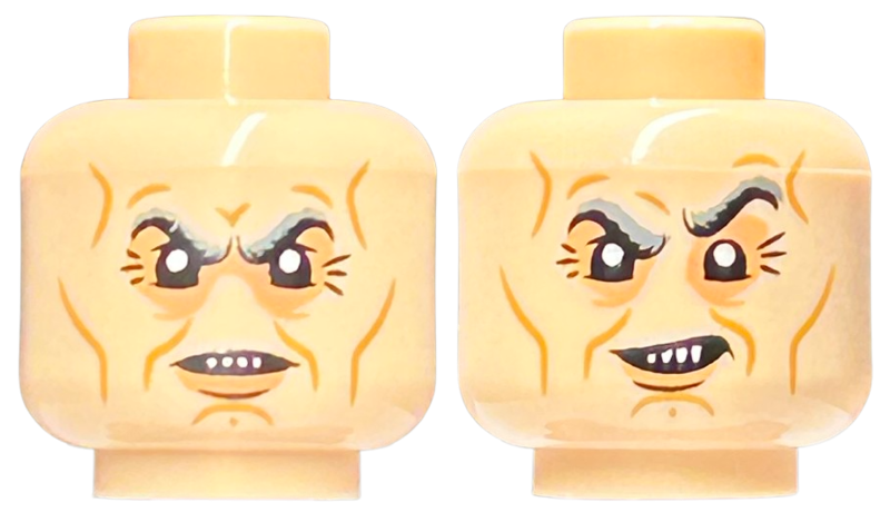 Minifigure, Head Dual Sided Dark Bluish Gray Eyebrows, Nougat Eye Shadow, Medium Nougat Cheek Lines, Chin Dimple, and Wrinkles, Grin / Scowl with 4 Sharp Teeth Pattern
