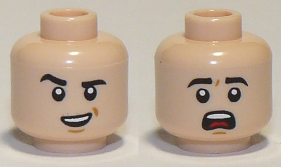 Minifigure, Head Dual Sided Black Thick Eyebrows, Medium Nougat Chin Dimple, Open Mouth with Top Teeth, Smile and Raised Right Eyebrow / Scared and Red Tongue Pattern