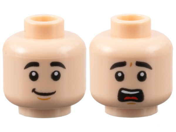 Minifigure, Head Dual Sided Black Thick Eyebrows, Medium Nougat Chin Dimple, Lopsided Grin / Scared Open Mouth with Top Teeth and Red Tongue Pattern