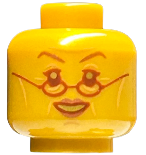 Minifigure, Head Female, Copper Eyebrows, Reddish Brown Eyes, Lips, Glasses, Open Smile Pattern