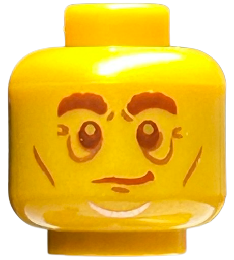 Minifigure, Head Reddish Brown Bushy Eyebrows and Eyes, Copper Cheek Lines, Chin Dimple and Wrinkles, Slight Lopsided Grin Pattern