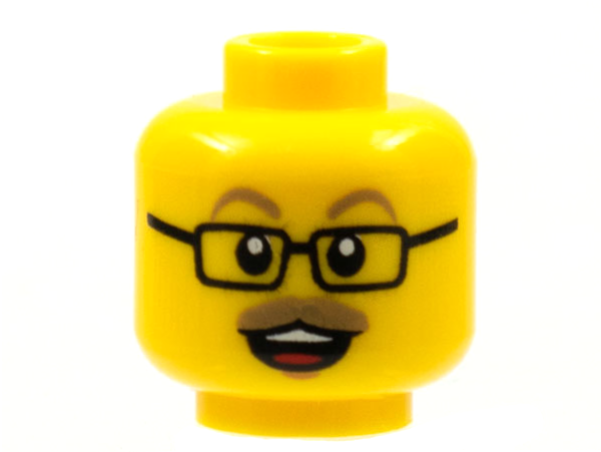 Minifigure, Head Dark Tan Eyebrows and Moustache, Black Glasses, Open Mouth with Teeth and Tongue Pattern