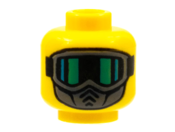 Minifigure, Head Dark Bluish Gray Mask, Green Glare Lines on Black Goggles Pattern