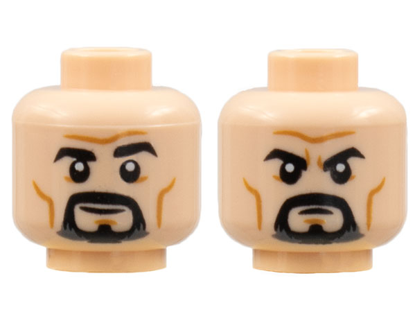 Minifigure, Head Dual Sided Black Eyebrows and Goatee, Medium Nougat Cheek Lines and Chin Dimple, Furrowed Brow, Grin / Frown Pattern