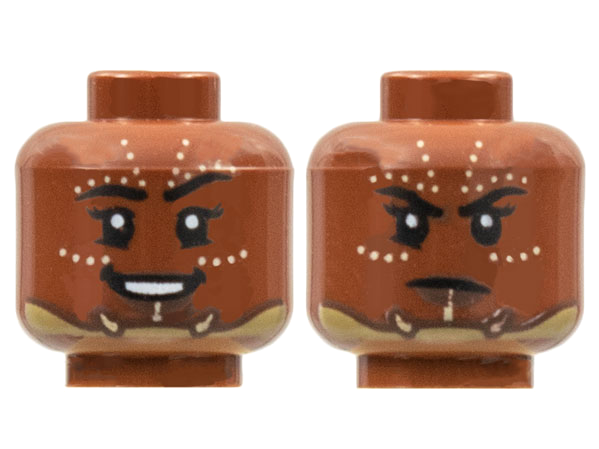 Minifigure, Head Dual Sided Female, Black Eyebrows, Rows of Tan Dots, Chinstrap, Smile / Frown Pattern