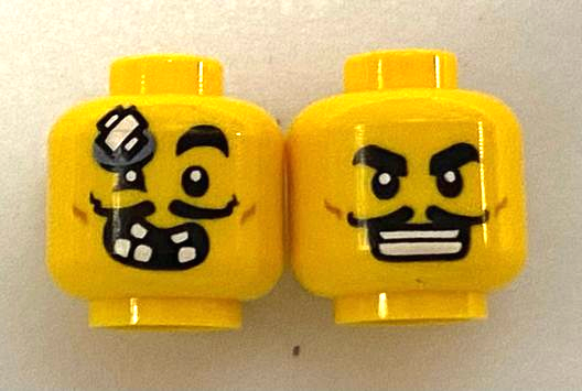 Minifigure, Head Dual Sided Black Eyebrows, Moustache, Open Mouth Grin, White Teeth / Bandage on Forehead Pattern