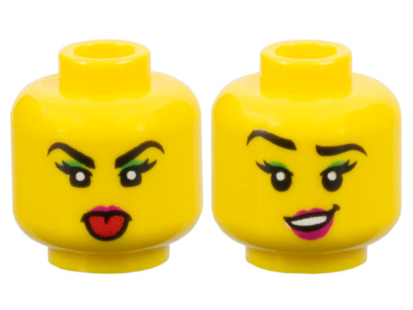Minifigure, Head Female Black Eyebrows and Eyelashes, Bright Green Eye Shadow, Magenta Lips, Angry with Red Tongue Sticking Out / Lopsided Open Mouth Smile with Top Teeth Pattern