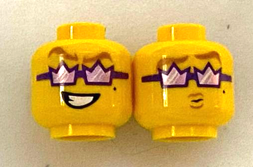 Minifigure, Head Dual Sided Gold Eyebrows, Dark Purple Crown Sunglasses, Open Mouth Grin / Puckered Lips Pattern
