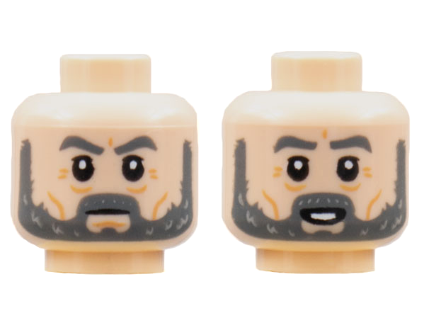 Minifigure, Head Dual Sided Dark Bluish Gray Eyebrows and Beard, Medium Nougat Ages Lines, Neutral / Surprised Pattern