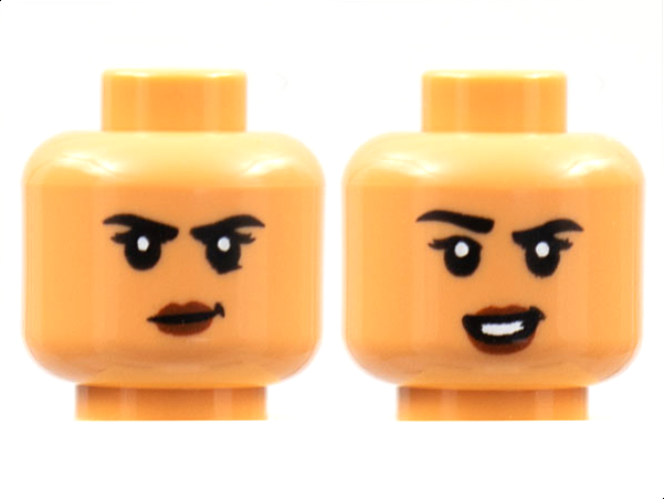 Minifigure, Head Dual Sided Female, Black Eyebrows, Reddish Brown Lips, Smirk / Smile with Raised Eyebrow Pattern