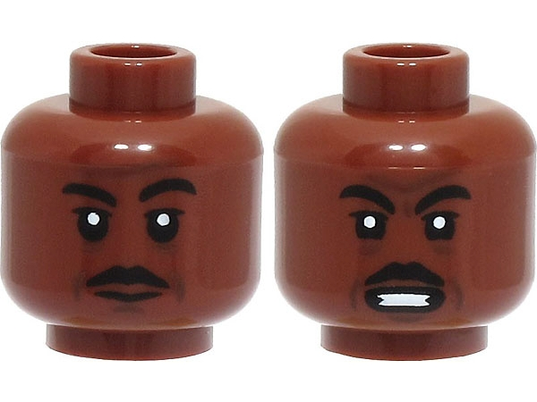 Minifigure, Head Dual Sided Black Eyebrows and Moustache, Cheek Lines, Smile / Scowl with Open Mouth and White Teeth Pattern