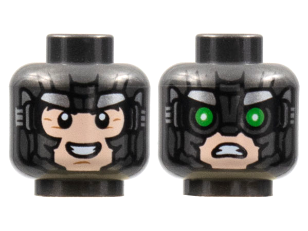 Minifigure, Head Dual Sided Armor with Light Nougat Face, Silver Trim, Eyes Showing / Goggles with Green Lenses Pattern