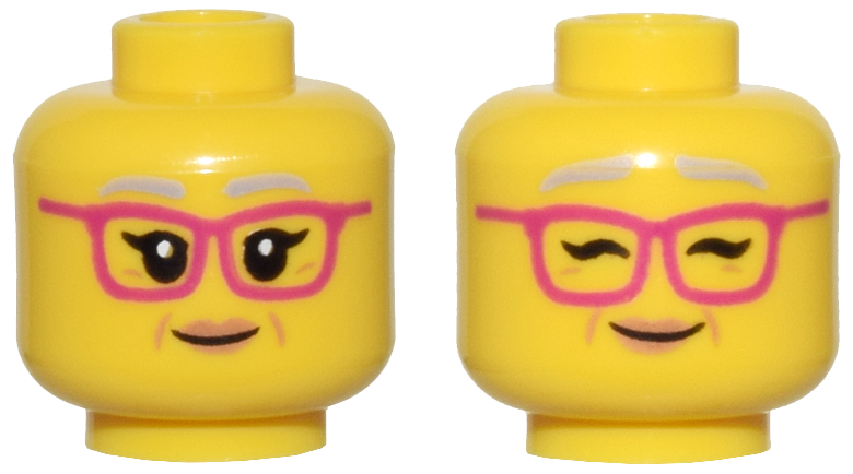 Minifigure, Head Dual Sided Female Light Bluish Gray Eyebrows, Black Eyelashes, Magenta Glasses, Nougat Lips and Dimples, Grin, Open Eyes / Closed Eyes Pattern