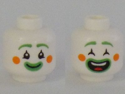 Minifigure, Head Dual Sided Clown Bright Green Eyebrows and Lips, Orange Circles on Cheeks, Closed Mouth Smile and Open Eyes / Open Mouth Smile and Closed Eyes Pattern