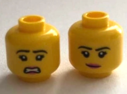 Minifigure, Head Dual Sided Female Black Eyebrows Eyelashes, Smirk with Dark Pink Lips / Worried Pattern