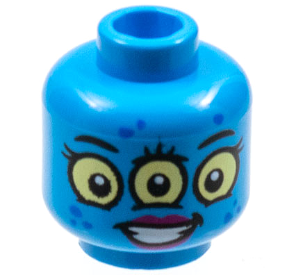 Minifigure, Head Alien Female with Black Eyebrows and Eyelashes, 3 Bright Light Yellow Eyes, Blue Spots, Magenta Lips, Open Mouth Smile with Teeth Pattern